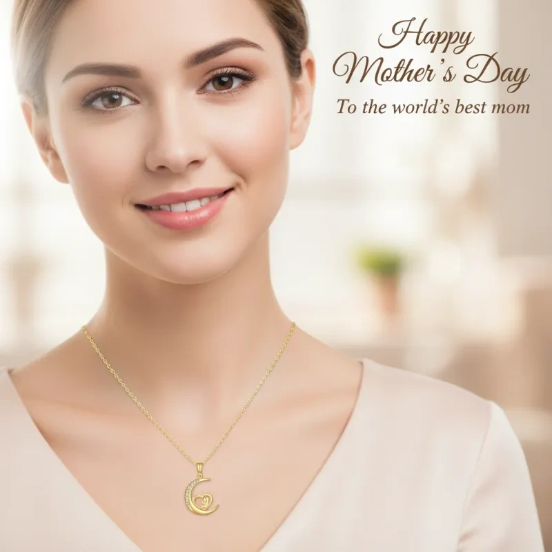 Platinum with White Gold Plated Cubic Zirconia Mama & Moon Pendant Necklace-2