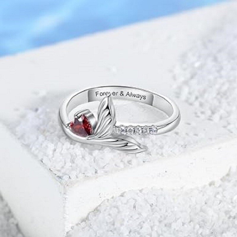 Bague de naissance en or blanc 10 carats avec zircon et pierre de naissance en forme de queue de sirène-3
