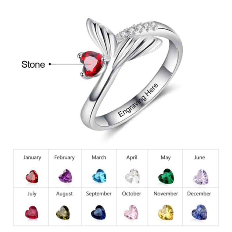 Bague de naissance en or blanc 10 carats avec zircon et pierre de naissance en forme de queue de sirène-4