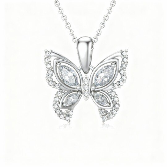 Collier pendentif papillon en or blanc 10 carats, zircon cubique et moissanite