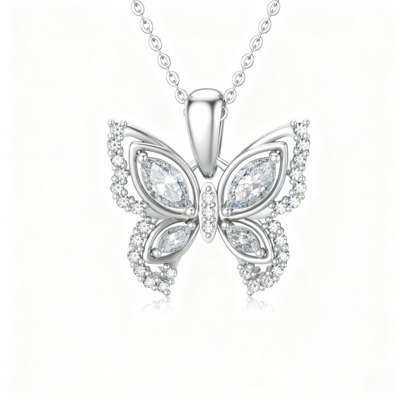 Collier pendentif papillon en platine plaqué or blanc avec zircon cubique et moissanite-1