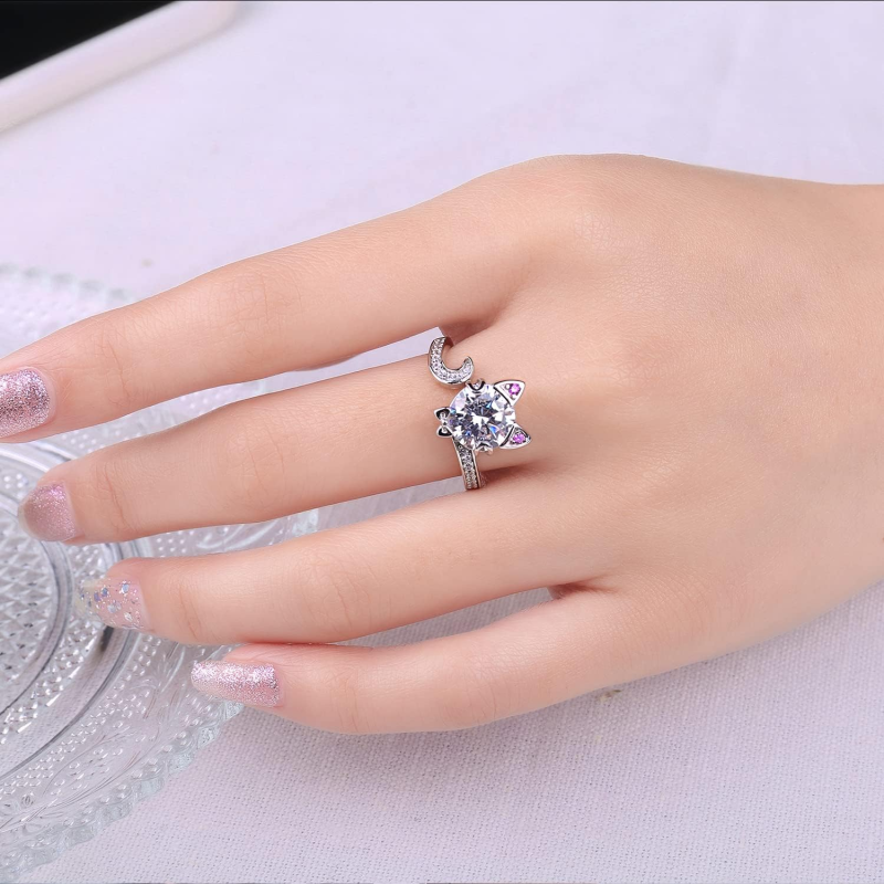 Bague chat et nœud papillon en or rose 18 carats, zircon cubique et moissanite-2