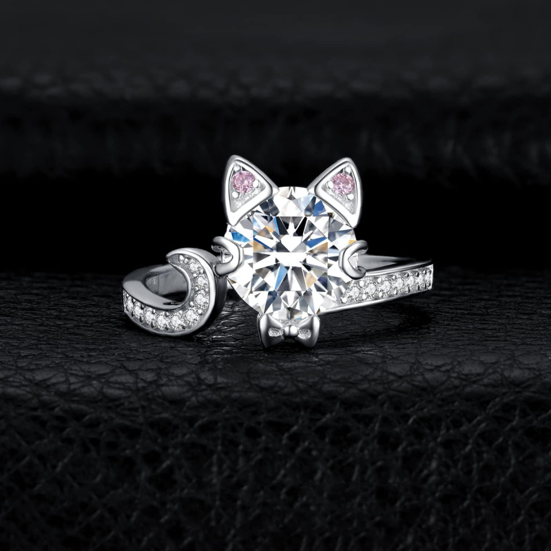 Bague chat et nœud papillon en or rose 18 carats, zircon cubique et moissanite-3