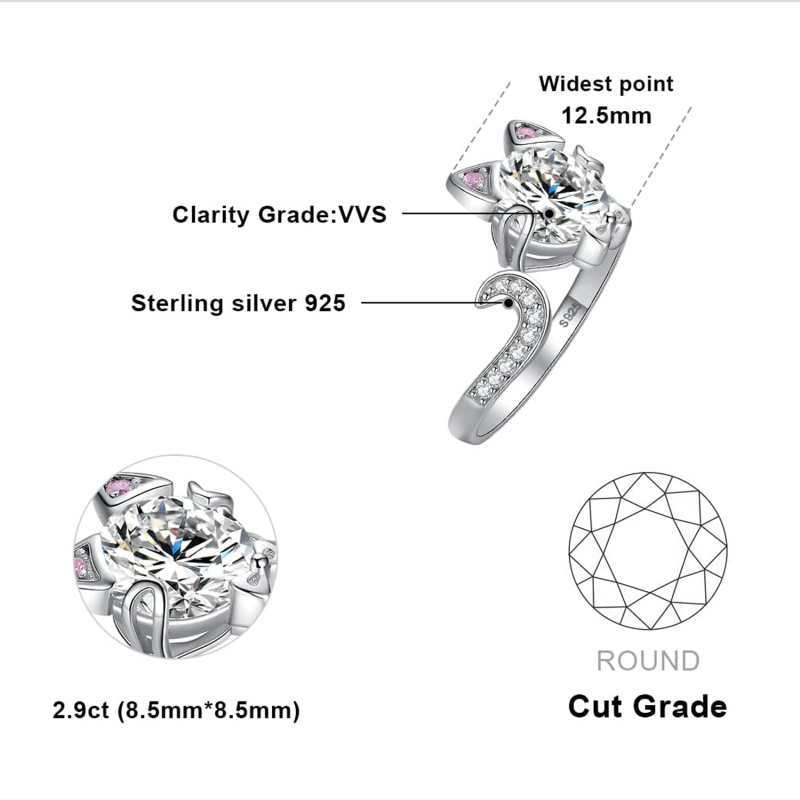 Bague chat et nœud papillon en or rose 18 carats, zircon cubique et moissanite-4