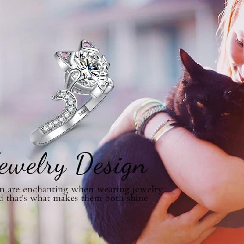 Bague chat et nœud papillon en or rose 18 carats, zircon cubique et moissanite-5