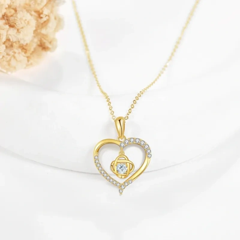 Collier pendentif nœud celtique et cœur en or blanc 10 carats, zircon cubique et moissanite-3