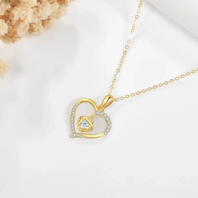 Collier pendentif nœud celtique et cœur en or blanc 10 carats, zircon cubique et moissanite-4