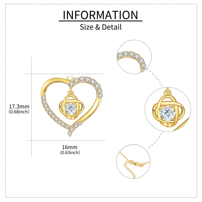 Collier pendentif nœud celtique et cœur en or blanc 10 carats, zircon cubique et moissanite-5