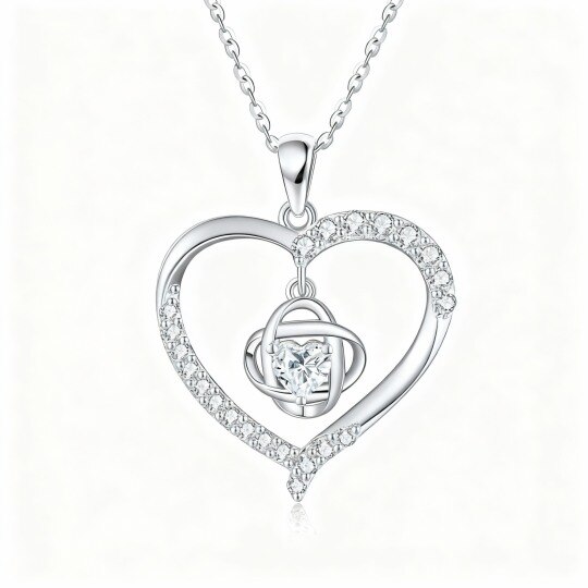 Collier pendentif nœud celtique et cœur en or blanc 10 carats, zircon cubique et moissanite