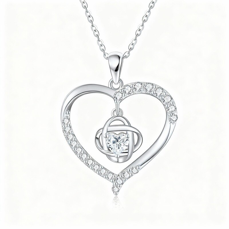 Collier pendentif nœud celtique et cœur en or blanc 10 carats, zircon cubique et moissanite-1
