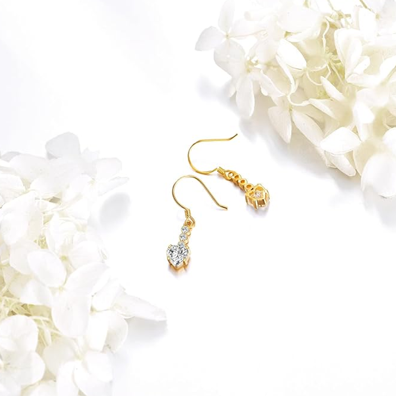 14K Gold Cubic Zirconia & Moissanite Heart Drop Earrings for Women-4