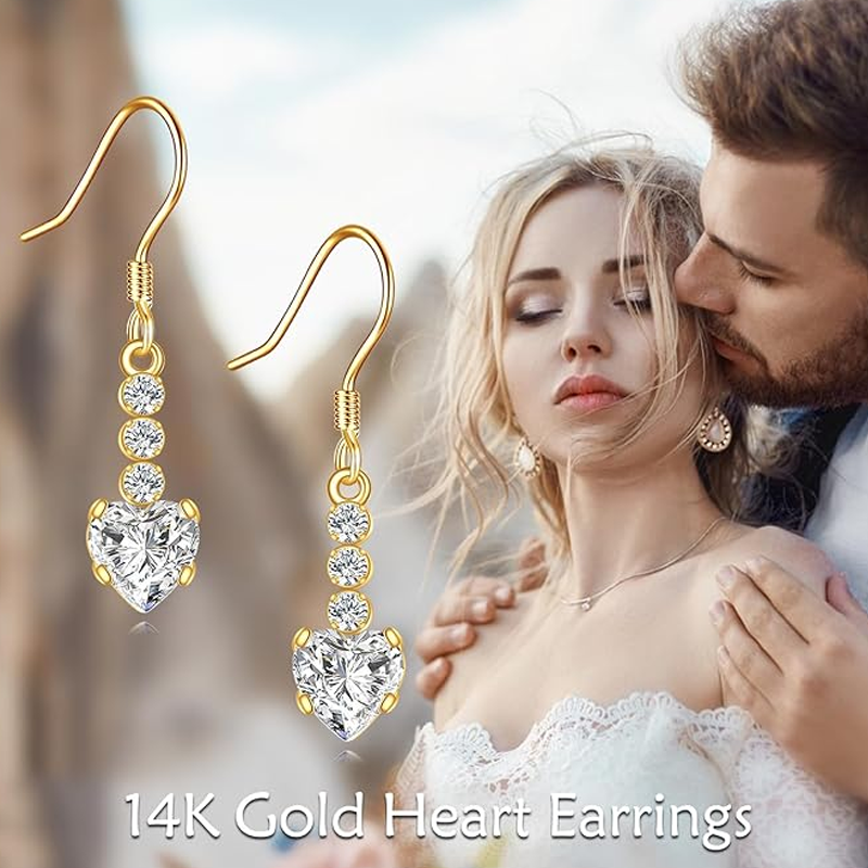 14K Gold Cubic Zirconia & Moissanite Heart Drop Earrings for Women-6
