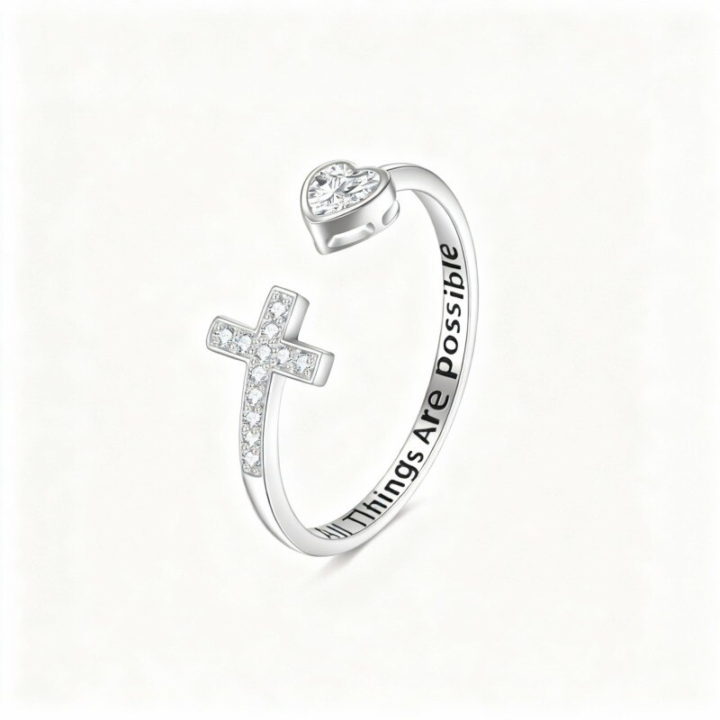 Herzförmiger offener Ring aus 10-karätigem Weißgold mit Zirkonia und Moissanit-3