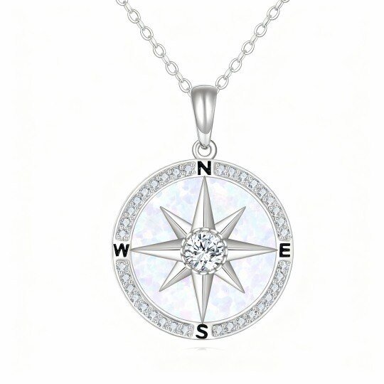 Halskette mit Kompassanhänger aus 10-karätigem Weißgold mit Zirkonia, Moissanit und Opal