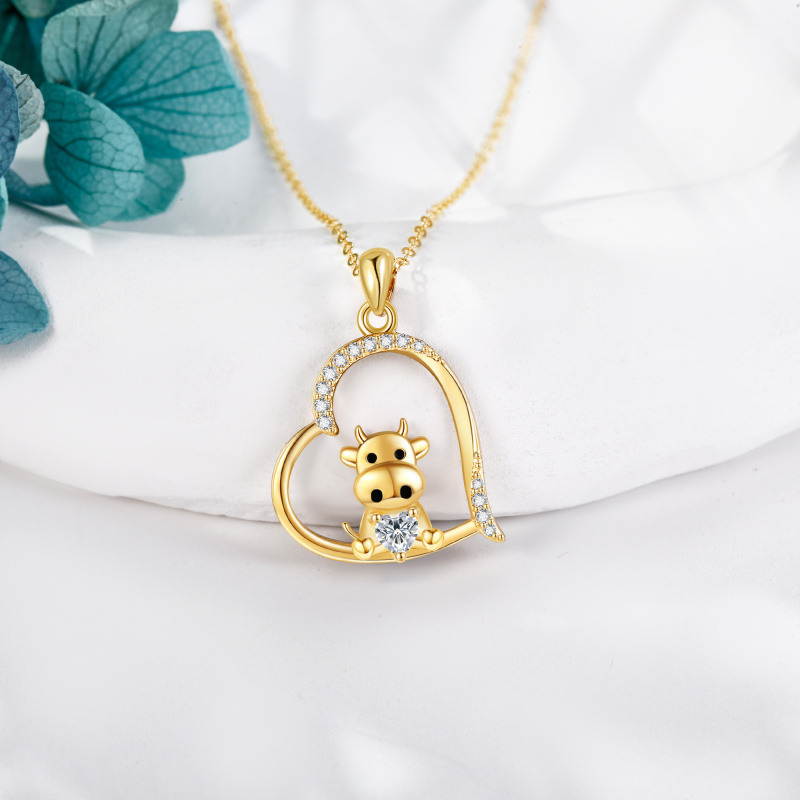 14K White Gold Cubic Zirconia & Moissanite & Personalized Birthstone Cow & Heart Pendant Necklace-3