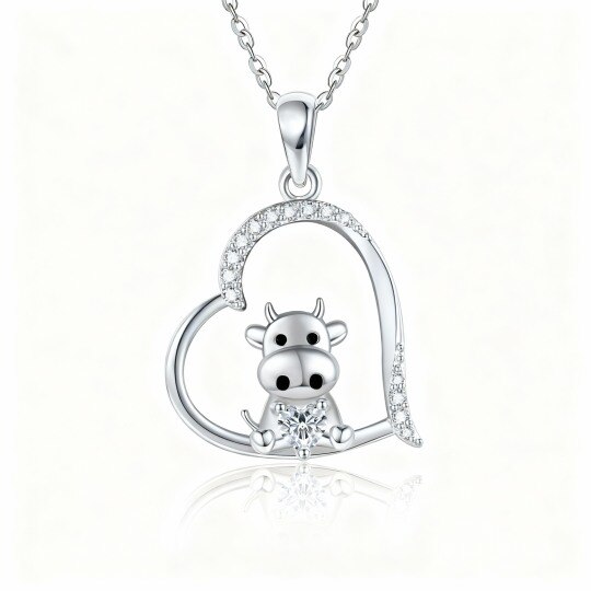 Collier pendentif vache et cœur en or blanc 10 carats, zircon cubique et moissanite, avec pierre de naissance personnalisée
