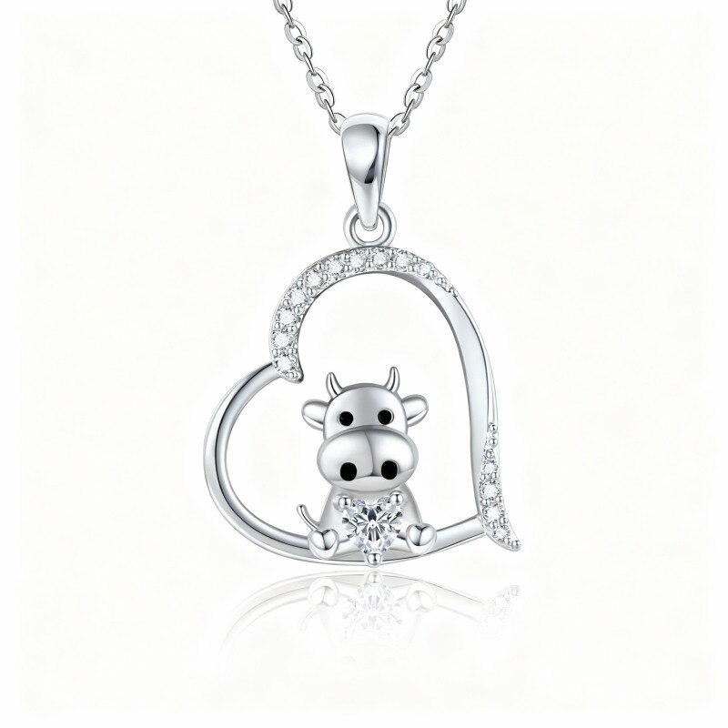 14K White Gold Cubic Zirconia & Moissanite & Personalized Birthstone Cow & Heart Pendant Necklace-1