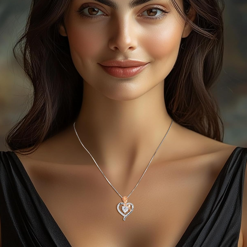18K Gold Cubic Zirconia & Moissanite & Personalized Engraving Rose & Heart Pendant Necklace-2
