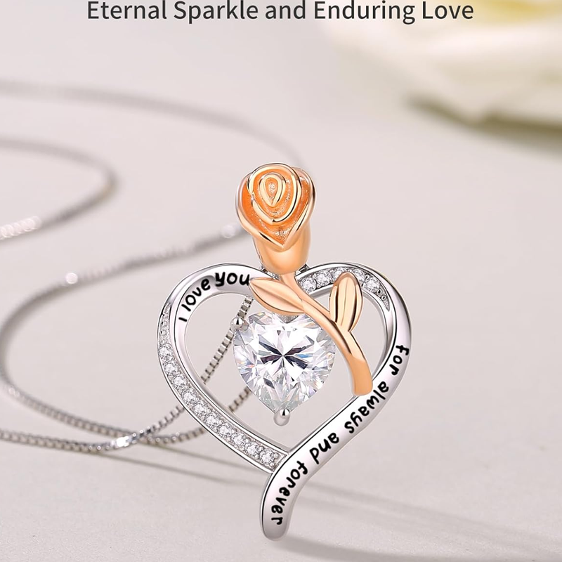 18K Gold Cubic Zirconia & Moissanite & Personalized Engraving Rose & Heart Pendant Necklace-3
