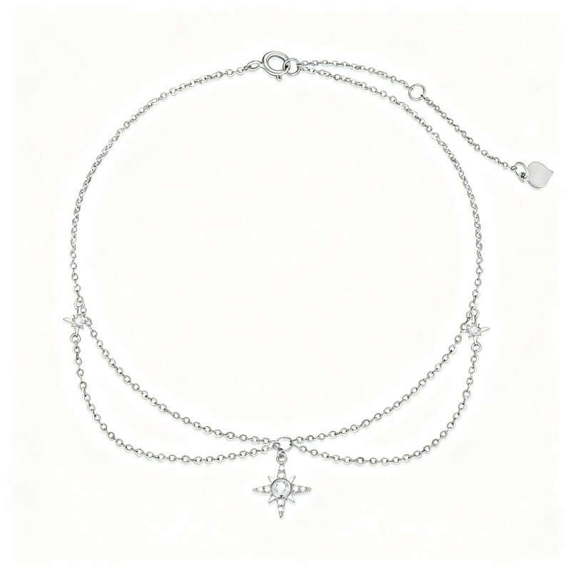 Bracelet de cheville à breloques en forme d'étoile, or blanc 14 carats, zircon cubique et moissanite, à plusieurs rangs-1