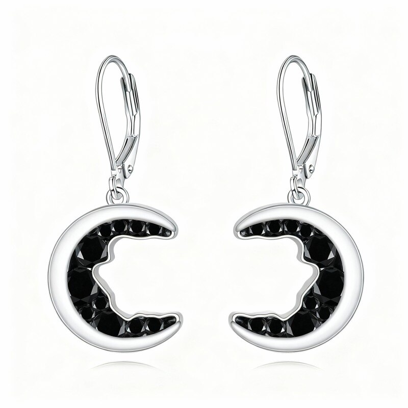 Boucles d'oreilles lune en or blanc 10 carats et zircon cubique, fermoir à levier-1