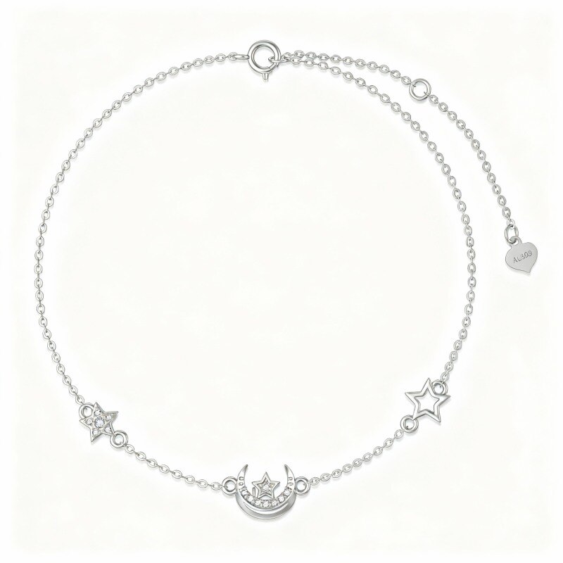 Pulsera de platino con dije de luna y pentagrama con circonitas cúbicas chapadas en oro blanco-1