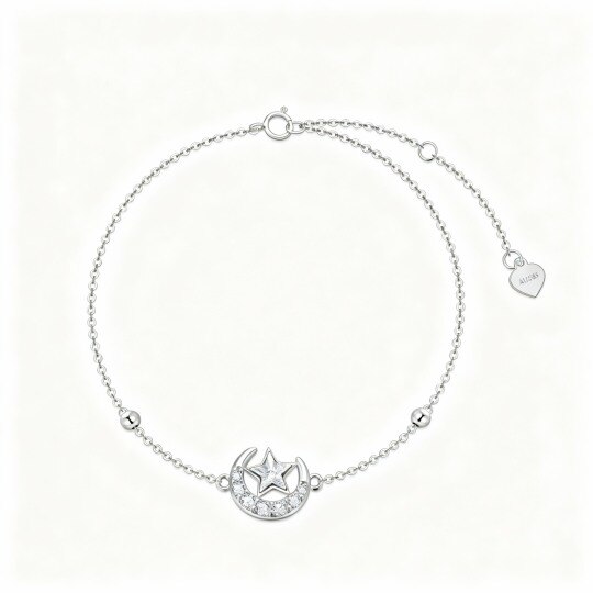 Pulsera de oro blanco de 10 quilates con dije de luna y estrella y circonitas cúbicas
