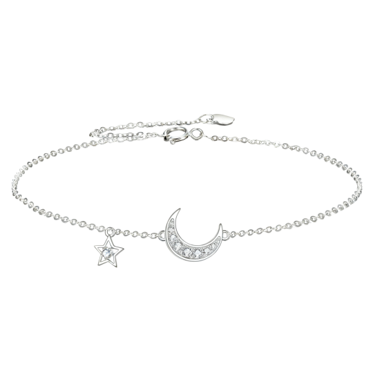 Pulsera con dije de luna y estrella de circonita cúbica en oro blanco de 18 quilates