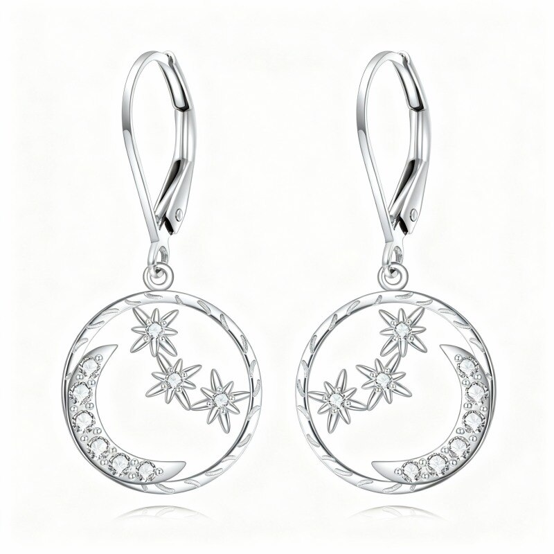 Platinum with White Gold Plated Cubic Zirconia Moon & Star Drop Earrings-1