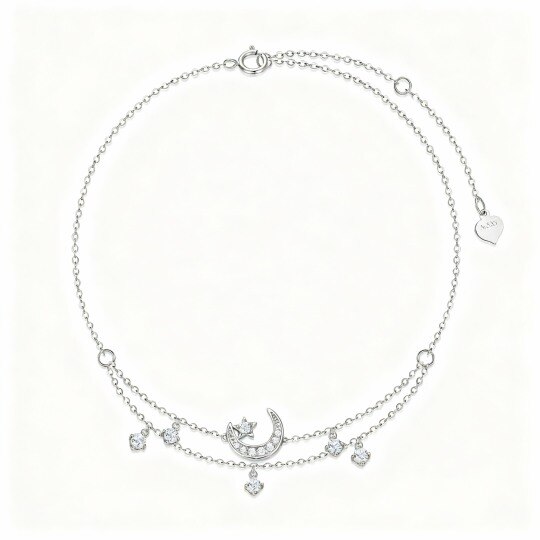 Bracelet de cheville à plusieurs rangs en or blanc 10 carats avec pendentif lune et étoile en zircon cubique