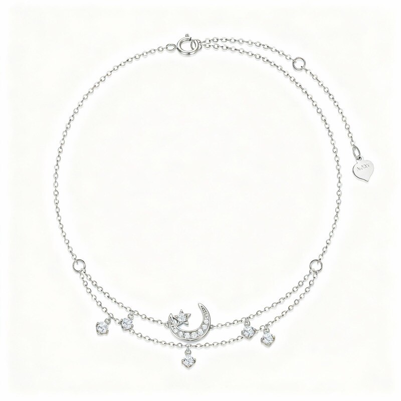 Tobillera de oro blanco de 10 quilates con circonitas cúbicas, diseño de luna y estrella con múltiples capas y dijes.-1