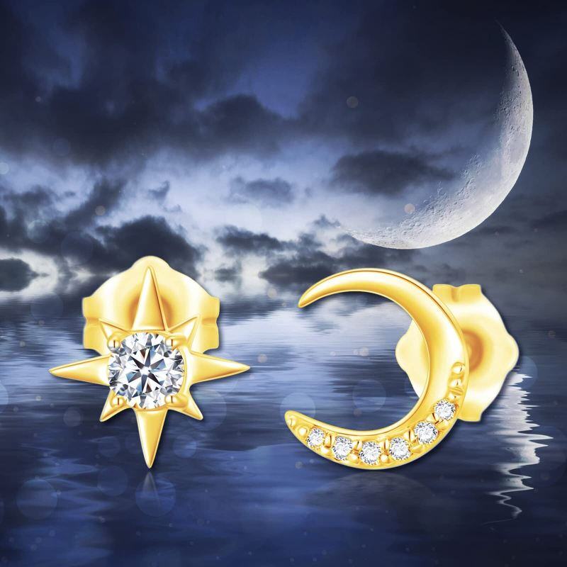 Pendientes de botón de luna y estrella con circonitas cúbicas en oro rosa de 10 quilates-5