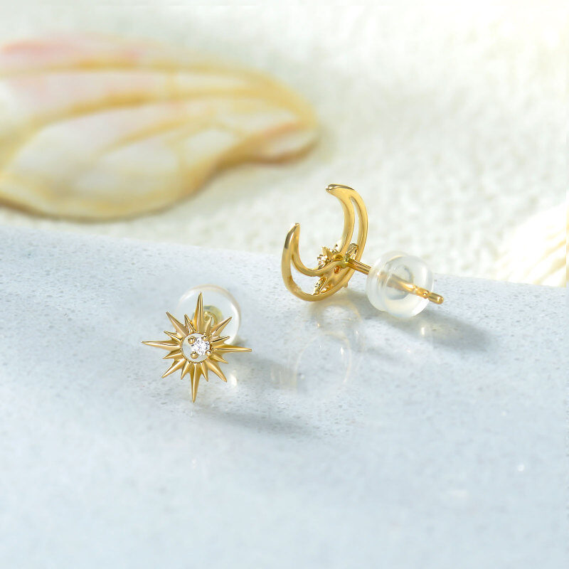 Boucles d'oreilles puces en or 14 carats avec zircon cubique en forme de lune et d'étoile-3