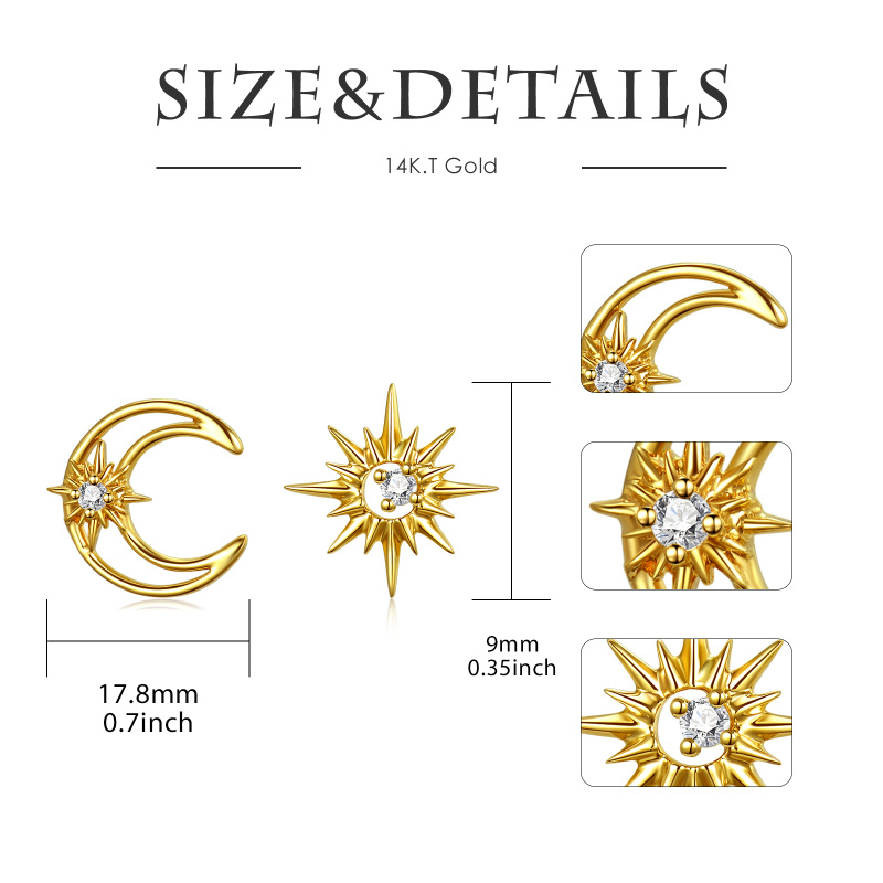 Boucles d'oreilles puces en or 14 carats avec zircon cubique en forme de lune et d'étoile-5