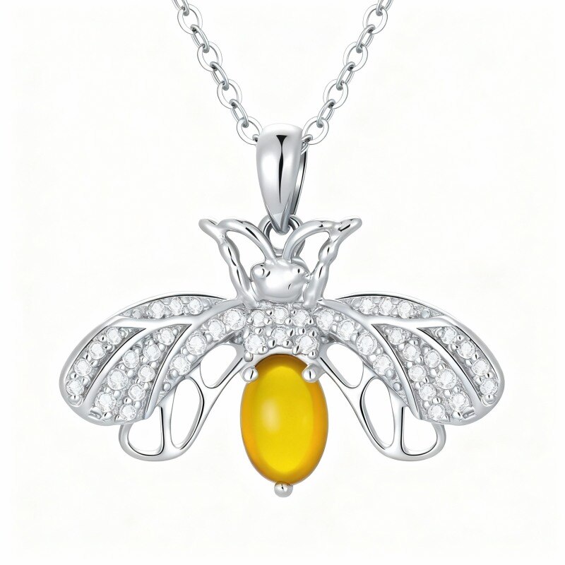 Collar con colgante de abeja de oro blanco de 18 quilates, circonita cúbica y piedra lunar-1