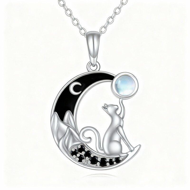 Platinum with White Gold Plated Cubic Zirconia & Moonstone Cat & Moon Pendant Necklace-1
