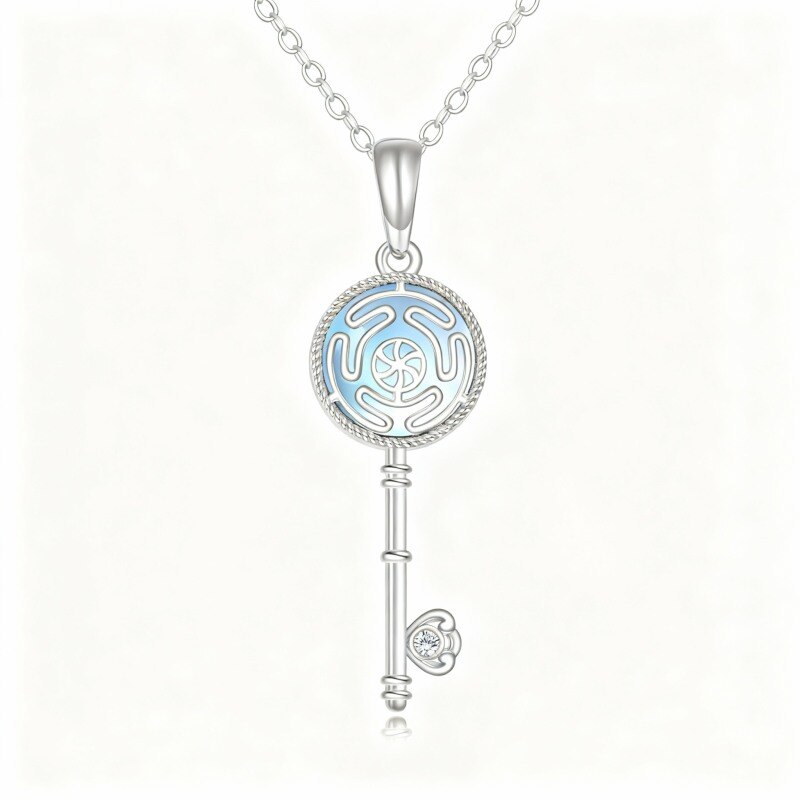 10K White Gold Cubic Zirconia & Moonstone Key Pendant Necklace-9
