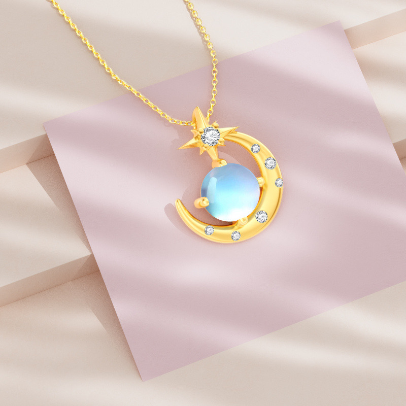 Collar con colgante de luna y estrella de piedra lunar y circonita cúbica en oro de 14 quilates para mujer-4