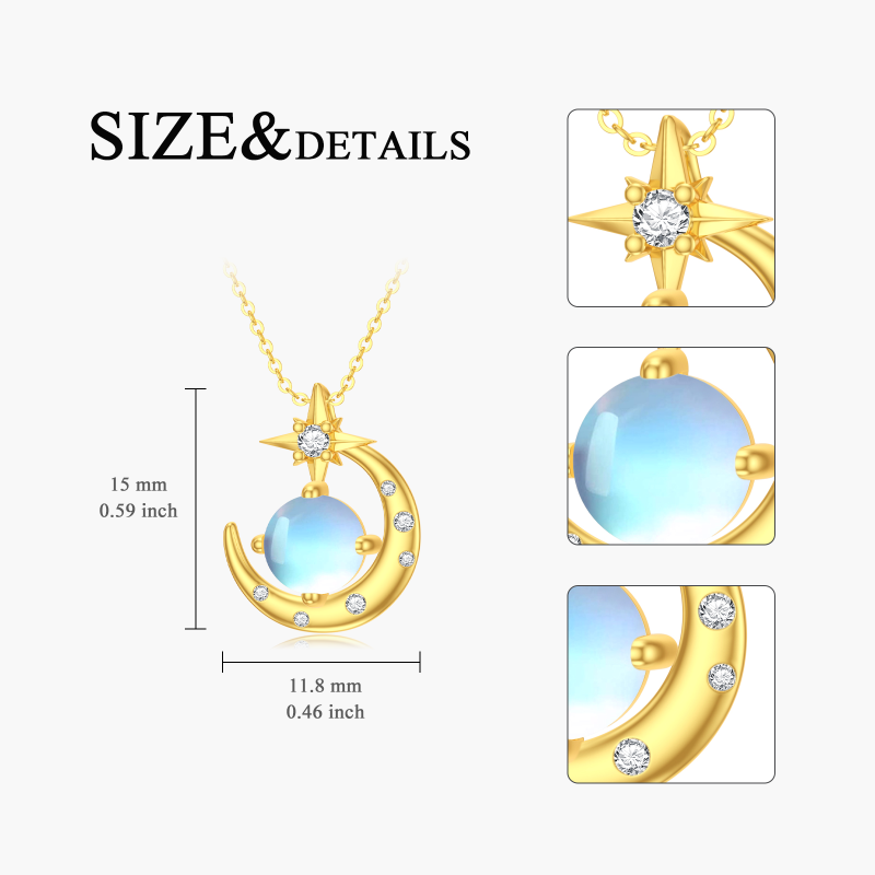 Collar con colgante de luna y estrella de piedra lunar y circonita cúbica en oro de 14 quilates para mujer-5