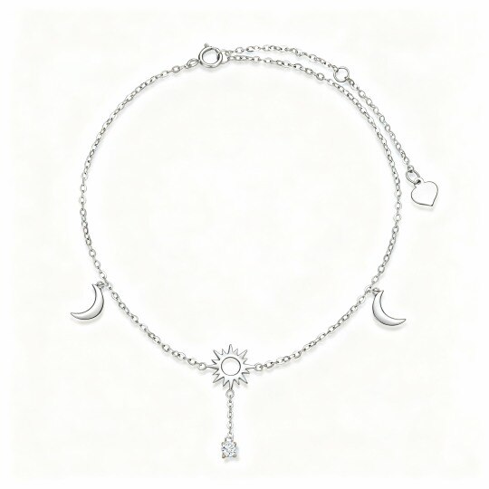 Bracelet de cheville simple couche en or blanc 10 carats avec pendentif lune et soleil en zircon cubique
