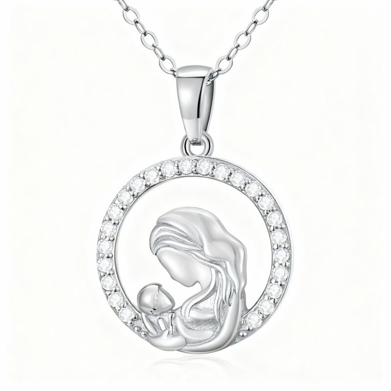 10K White Gold Cubic Zirconia Mother & Circle Pendant Necklace-1