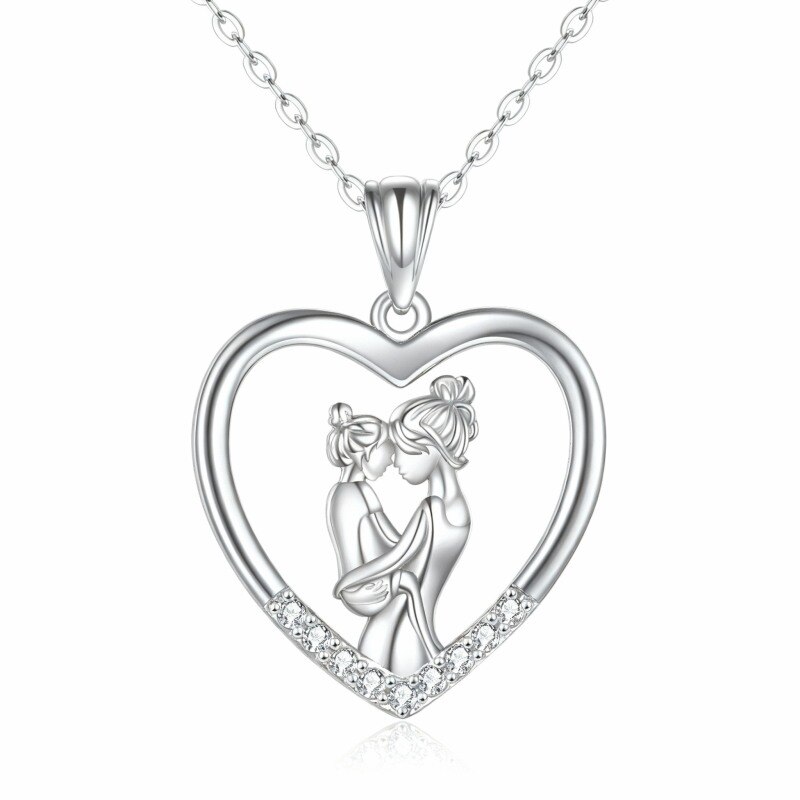 Collar con colgante de corazón, madre e hija, circonita cúbica y oro blanco de 10 quilates-1
