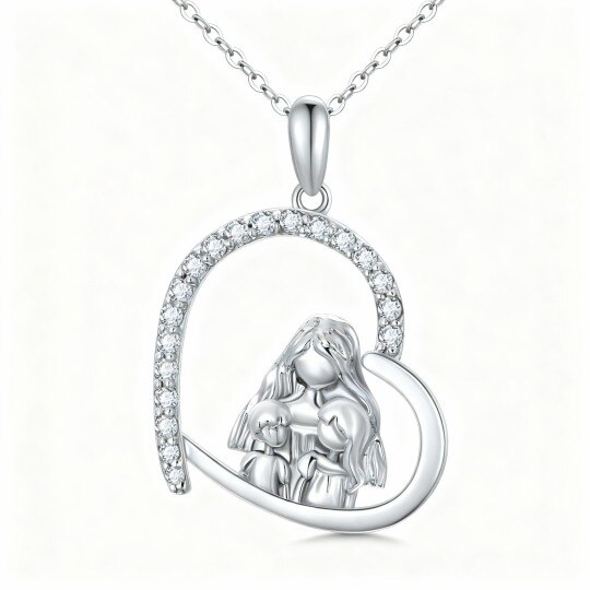 10K White Gold Cubic Zirconia Mother & Daughter & Heart Pendant Necklace