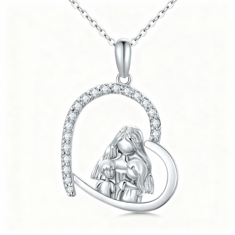 Collar con colgante de corazón, madre e hija, circonita cúbica y oro blanco de 10 quilates-19