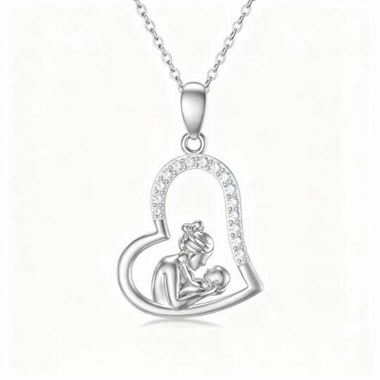 10K White Gold Cubic Zirconia Mother & Daughter & Heart Pendant Necklace