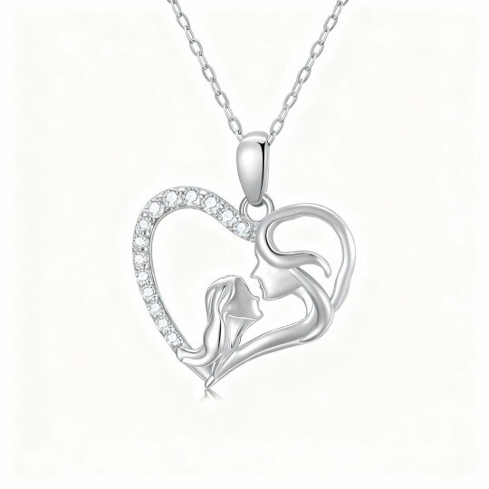 10K White Gold Cubic Zirconia Mother & Daughter & Heart Pendant Necklace