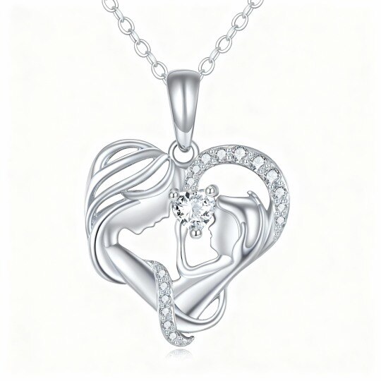 10K White Gold Cubic Zirconia Mother & Daughter & Heart Pendant Necklace