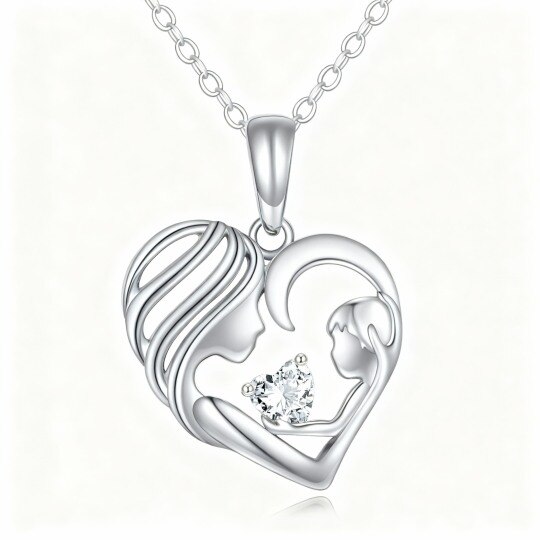 10K White Gold Cubic Zirconia Mother & Daughter & Heart Pendant Necklace