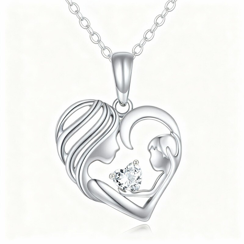 Collier pendentif en platine plaqué or blanc avec zircon cubique, représentant une mère, une fille et un cœur-1