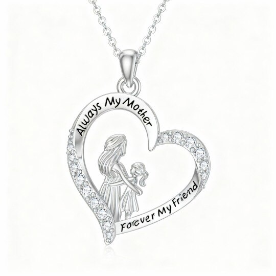 10K White Gold Cubic Zirconia Mother & Daughter & Heart Pendant Necklace with Engraved Word